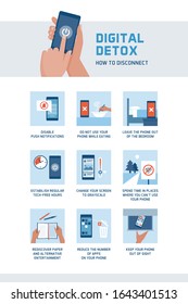 Internet addiction and digital detox infographic: how to disconnect reducing the time spent on the smartphone and on digital devices