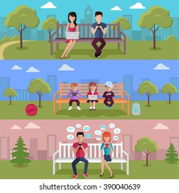 Internet addiction disorder technology. People and child game smartphone in park, web addict, internet dependence, technology mobile addiction, social web addiction vector illustration