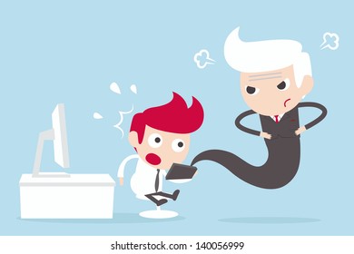 Internet Addiction employee and angry boss,vector