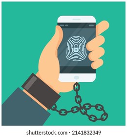 Internet addiction, hand chained with handcuff to smartphone, nomophobia concept, digital shadowing, social networks and media dependence, vector