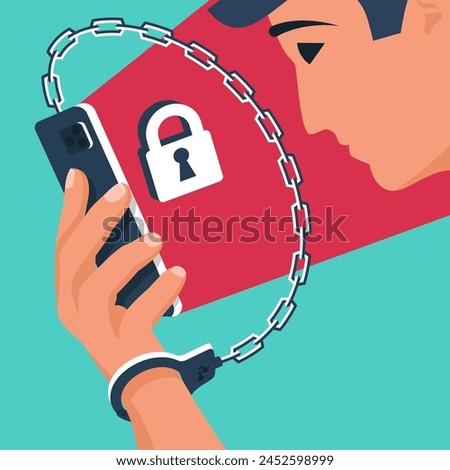 Internet addiction. Hand in handcuff with chain holds smartphone. Nomophobia concept. Digital dependence. Digital detox. The habit of using social networks and media. Vector illustration flat design.