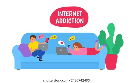 internet addiction kids using laptops and smatphones sitting at home on the sofa vector illustration 