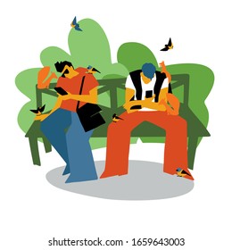 Internet addiction.  Modern flat style. Vector illustration. Phone as a source of communication. People and gadgets. Two guys are looking at smartphones in the park, surrounded by animals.