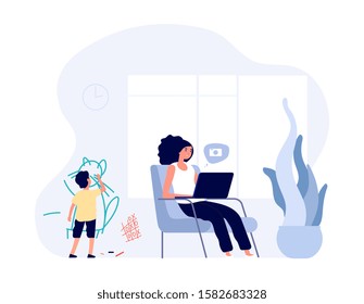 Internet Addiction. Mom Surfs In Internet With Laptop. Kid Creates Chaos In Home. Single Mother Vector Character