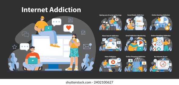 Internet Addiction night or dark mode set. Diverse scenarios showcasing excessive use of digital platforms. From social media to online gaming, a critical take on the digital age.