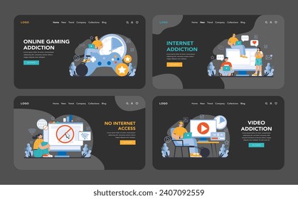 Internet addiction night or dark mode web or landing page set. Various facets of internet addiction, from gaming and videos to the lack of access, showcasing the spectrum of digital entrapment.