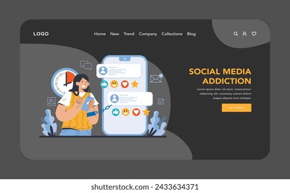 Internet Sucht Nacht oder Dark Mode Web oder Landing Page. Illustration zeigt eine Person, die an ein Telefon gebunden ist, eine krasse Metapher für die Bindungskraft der Sucht in den sozialen Medien. Flache Vektordarstellung.
