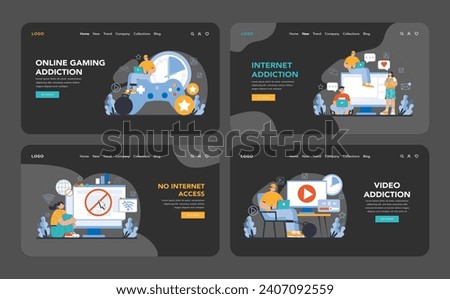Internet addiction night or dark mode web or landing page set. Various facets of internet addiction, from gaming and videos to the lack of access, showcasing the spectrum of digital entrapment.