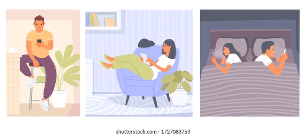 Internet Addiction. People At Home Use Gadgets. A Man Reading News On The Phone, A Woman With A Tablet, A Couple Lying In Bed And Looking At Their Devices. Vector Illustration In A Flat Style