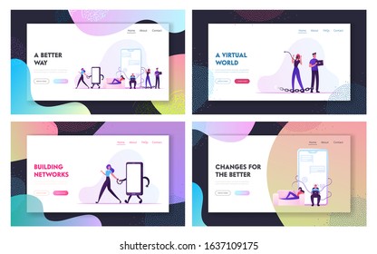 Internet Addiction, People Living in Virtual World Website Landing Page Set. Men and Women Having Gadgets Dependency Bind to Devices with Metal Chain Web Page Banner. Cartoon Flat Vector Illustration