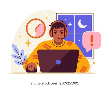 Afiche de adicción a Internet. Hombre sentado con la computadora. Enfermedades mentales y problemas psicológicos. Joven adicto a los juegos de ordenador. Ilustración vectorial plana aislada sobre fondo blanco