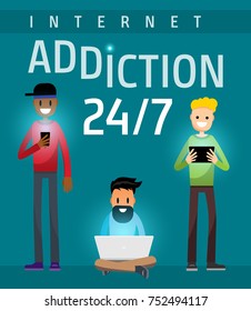 Internet Addiction Procrastination Time Waste Modern Kids Millennial Guy in Casual Clothes with Gadget. People with Smartphone, Laptop and Tablet. Vector Art Design Illustration