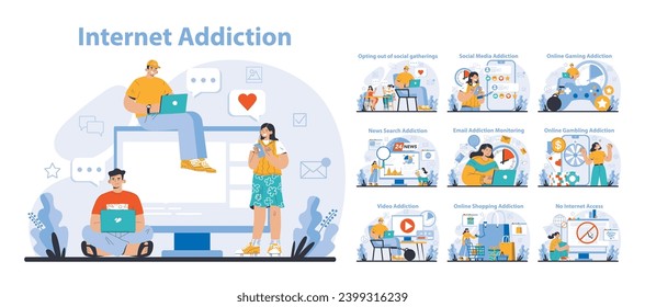 Internet Addiction set. Diverse scenarios showcasing excessive use of digital platforms. From social media to online gaming, a critical take on the digital age. Flat vector illustration.