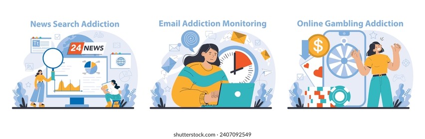 Internet addiction set. Illustrations capture the fixation on news updates, email checking, and online gambling, questioning the cost of constant connectivity. Flat vector illustration.