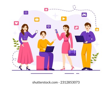 Internet Addiction Vector Illustration with Young People Addicted to Using Devices Such as Laptop or Smartphone in Flat Cartoon Hand Drawn Templates
