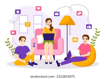 Internet Addiction Vector Illustration with Young People Addicted to Using Devices Such as Laptop or Smartphone in Flat Cartoon Hand Drawn Templates