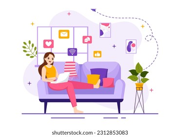 Internet Addiction Vector Illustration with Young People Addicted to Using Devices Such as Laptop or Smartphone in Flat Cartoon Hand Drawn Templates