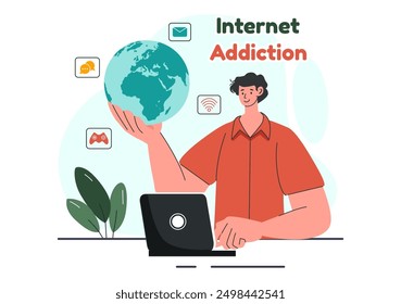 Internet Addiction Vector Illustration with Young People Addicted to Using Devices Such as Laptops or Smartphones in a Flat Style Cartoon Background