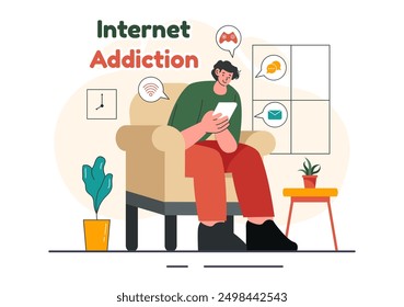 Internet Addiction Vector Illustration with Young People Addicted to Using Devices Such as Laptops or Smartphones in a Flat Style Cartoon Background