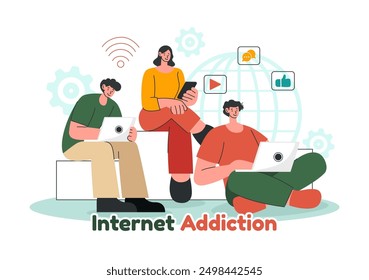 Internet Addiction Vector Illustration with Young People Addicted to Using Devices Such as Laptops or Smartphones in a Flat Style Cartoon Background