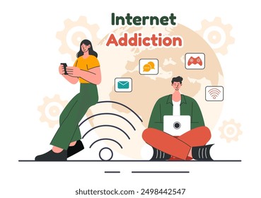 Ilustración vectorial de adicción a Internet con Personas jóvenes adictas al uso de dispositivos como computadoras portátiles o teléfonos inteligentes en un fondo de dibujos animados de estilo plano