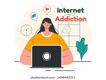 Ilustración vectorial de adicción a Internet con Personas jóvenes adictas al uso de dispositivos como computadoras portátiles o teléfonos inteligentes en un fondo de dibujos animados de estilo plano