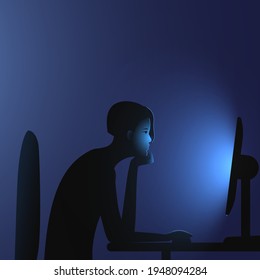 Internet addiction. A woman with a bob hairstyle sits at a computer late at night. Vector flat illustration of people immersion to networks and spending too much time on the internet.