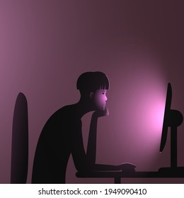 Internet addiction. A woman with an undercut bob hairstyle sits at a computer late at night. Vector flat illustration of people immersion to networks and spending too much time on the internet.