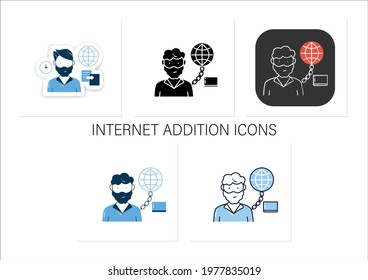 Internet addition icons set.Excessive or poorly controlled dependency regarding computer use and internet. Collection of icons in linear, filled, color styles. Isolated vector illustrations