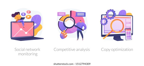 Internet advertisement analytics icons set. SEO solutions search. Social network monitoring, competitive analysis, copy optimization metaphors. Vector isolated concept metaphor illustrations.