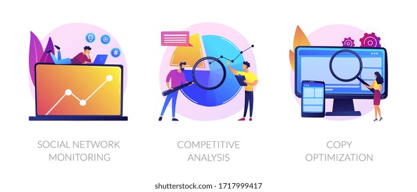 Internet advertisement analytics icons set. SEO solutions search. Social network monitoring, competitive analysis, copy optimization metaphors. Vector isolated concept metaphor illustrations.