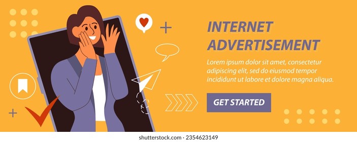 Internet Advertisement Banner.  Woman Taking Part in Business Activities. Influencer Marketing, Social Media or Network Promotion. Flat Graphic Vector Illustration.