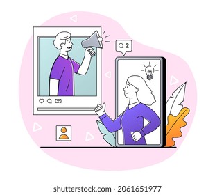Internet advertisement concept. Man holds megaphone and attracts new visitors and buyers. Online marketing and promotion of company in social networks. Cartoon doodle flat vector illustration