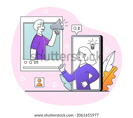 Internet advertisement concept. Man holds megaphone and attracts new visitors and buyers. Online marketing and promotion of company in social networks. Cartoon doodle flat vector illustration