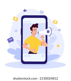 Internet advertisement concept. Man with loudspeaker leans out of smartphone. Internet marketing, blogger and opinion leader. Promotion of goods and advertising. Cartoon flat vector illustration