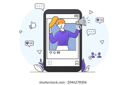 Concepto de publicidad en Internet. Una mujer con megáfono en los oídos mira por el smartphone. El carácter atrae a nuevos clientes y usuarios. Dibujo vectorial plano de dibujos animados aislado en fondo blanco