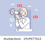  internet advertisement. Hands holding smartphone with a man shouting in loud speaker. Influencer marketing, social media or network promotion,Hand drawn style vector design illustration.