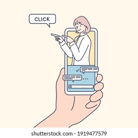  internet advertisement. Hands holding smartphone with a man shouting in loud speaker. Influencer marketing, social media or network promotion,Hand drawn style vector design illustration.