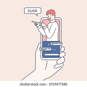  internet advertisement. Hands holding smartphone with a man shouting in loud speaker. Influencer marketing, social media or network promotion,Hand drawn style vector design illustration.