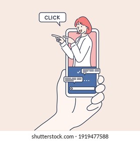  internet advertisement. Hands holding smartphone with a man shouting in loud speaker. Influencer marketing, social media or network promotion,Hand drawn style vector design illustration.