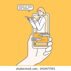  internet advertisement. Hands holding smartphone with a man shouting in loud speaker. Influencer marketing, social media or network promotion,Hand drawn style vector design illustration.