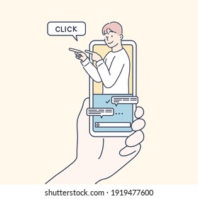  internet advertisement. Hands holding smartphone with a man shouting in loud speaker. Influencer marketing, social media or network promotion,Hand drawn style vector design illustration.