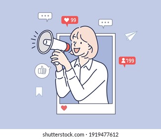  anúncio na internet. Mãos segurando o smartphone com um homem gritando no alto-falante. Marketing de influenciadores, mídia social ou promoção de rede, ilustração de design vetorial de estilo desenhado à mão.