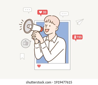  internet advertisement. Hands holding smartphone with a man shouting in loud speaker. Influencer marketing, social media or network promotion,Hand drawn style vector design illustration.