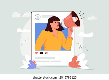 Internetwerbung. Hände, die Smartphone mit einer Frau halten, die laut spricht. Beeindruckendes Marketing, Social Media oder Netzwerkwerbung, handgezeichnete Vektordesign-Illustration.