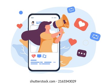 anuncio de internet. Manos sosteniendo el smartphone con un hombre gritando en voz alta. Influencer marketing, social media o promoción de redes,Dibujo estilo vectorial de ilustración. Promoción