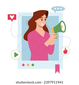 Publicidad en Internet. Manos sosteniendo Smartphone con una mujer gritando en voz alta. Influencia en la comercialización. Promoción de medios sociales. Ilustración plana vectorial.