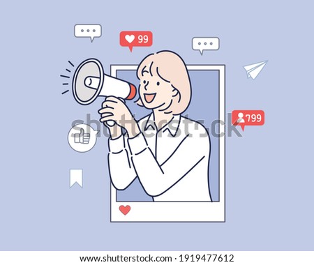  internet advertisement. Hands holding smartphone with a man shouting in loud speaker. Influencer marketing, social media or network promotion,Hand drawn style vector design illustration.