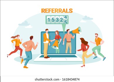 Internet advertisement, social network promotion and digital marketing concept. Refer a friend vector flat cartoon illustration. Man and woman with megaphone, standing on open laptop and call friends