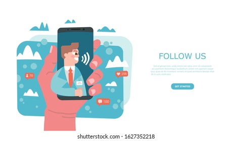 Internet advertisement vector cartoon character for landing page template. Hands holding smartphone. Social media network promotion, Influencer marketing,  SMM banner, business landing page, flyer.